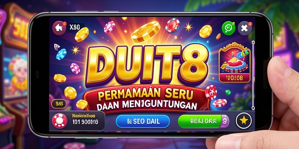 Screenshot gameplay DUIT8 menampilkan gulungan slot yang penuh warna.