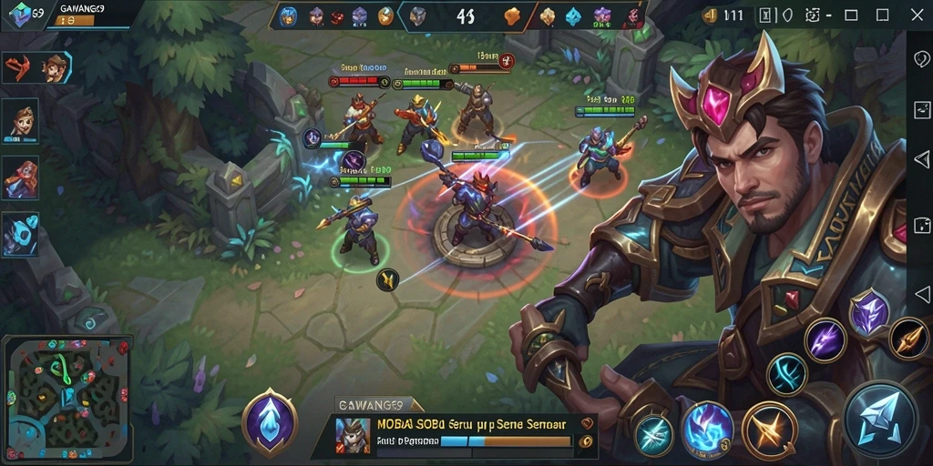 Tangkapan layar utama GAWANG69 menunjukkan pertempuran seru dalam game MOBA.