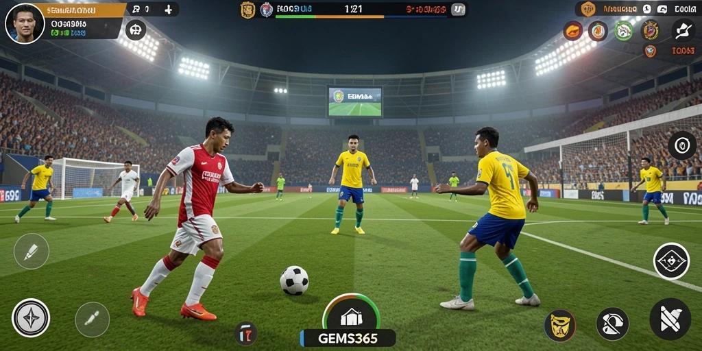 Tampilan gameplay GEMS365 yang menegangkan di lapangan sepak bola.