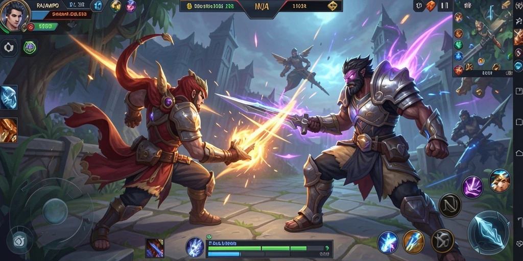 Screenshot gameplay RAJAMPO menampilkan pertarungan seru antar hero.